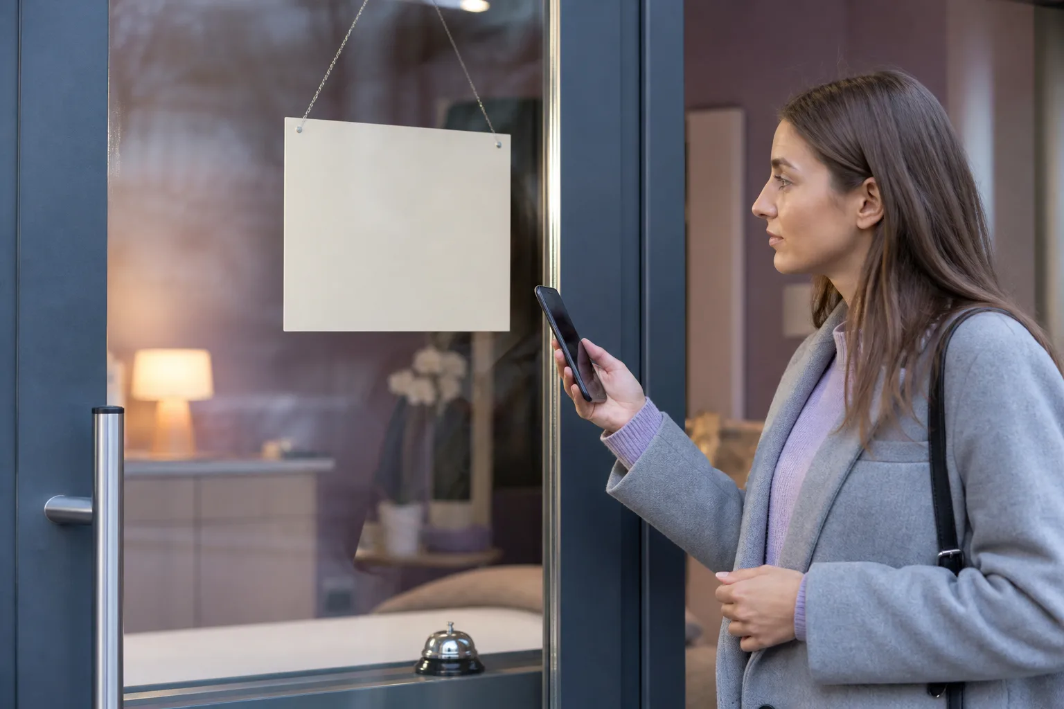 Close view of a glass motel office door with posted hours and a night bell, a person holding a phone to compare the printed times, soft indoor light behind the glass, 1600x900