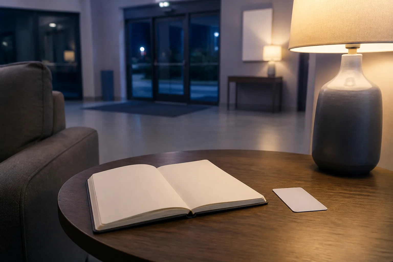 Open field notebook on a motel lobby side table beside a room key card, soft lamp light, glass entrance doors in the background, quiet late evening atmosphere, 1920x1080