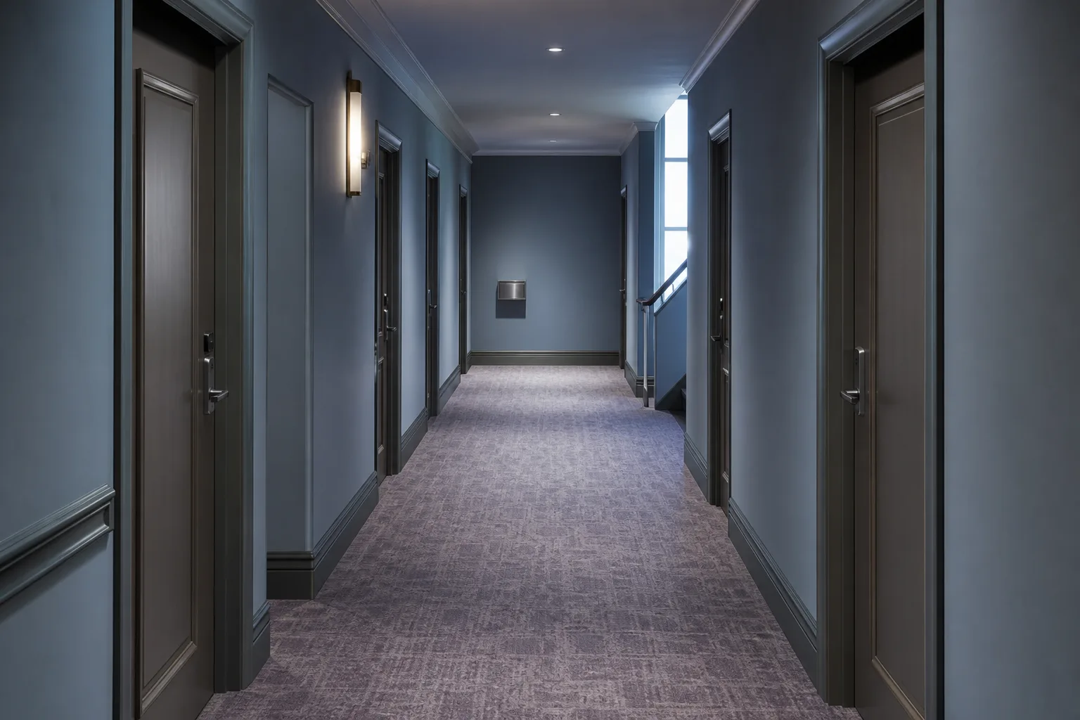 Empty hotel corridor at early dawn, soft carpet, closed doors in a long row, a key drop box on the far wall, pale light from a stairwell window, 1600x900