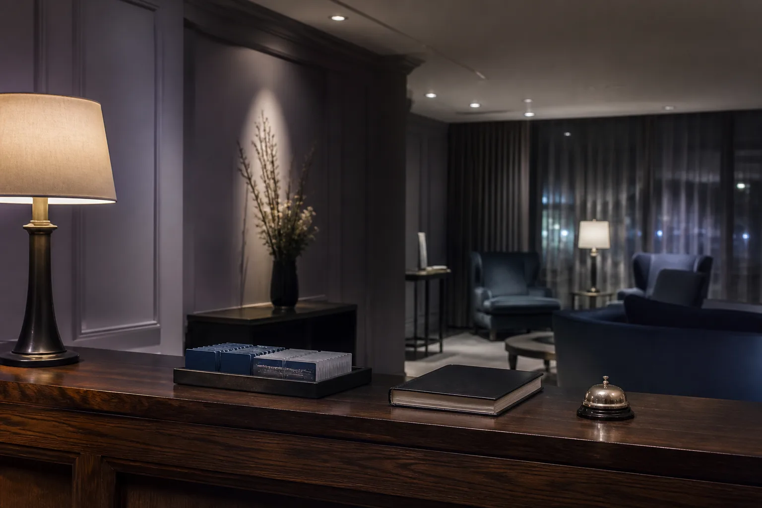 Front desk after hours with a low lamp, key-card tray, closed ledger, and a night bell on polished wood, empty lobby chairs beyond the counter, 1400x900