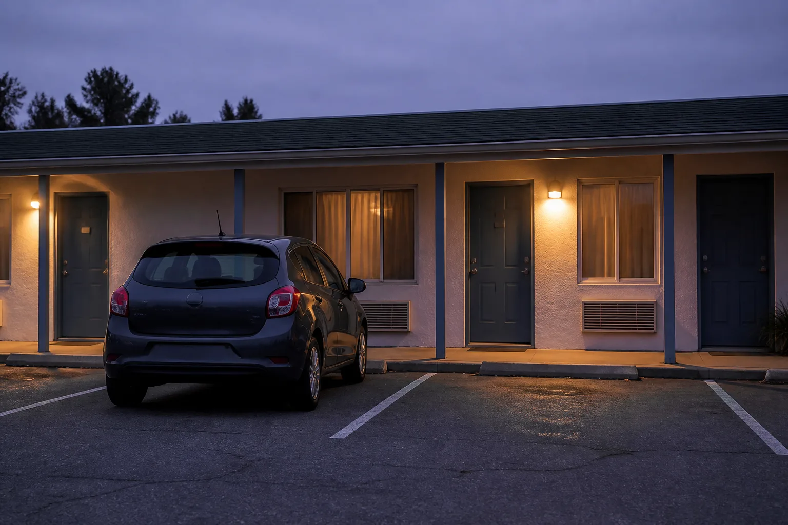 Ground-floor motel room door with a numbered plate, a compact car parked nose-in at the painted stall, warm porch light on asphalt, neighboring doors closed, 1400x900