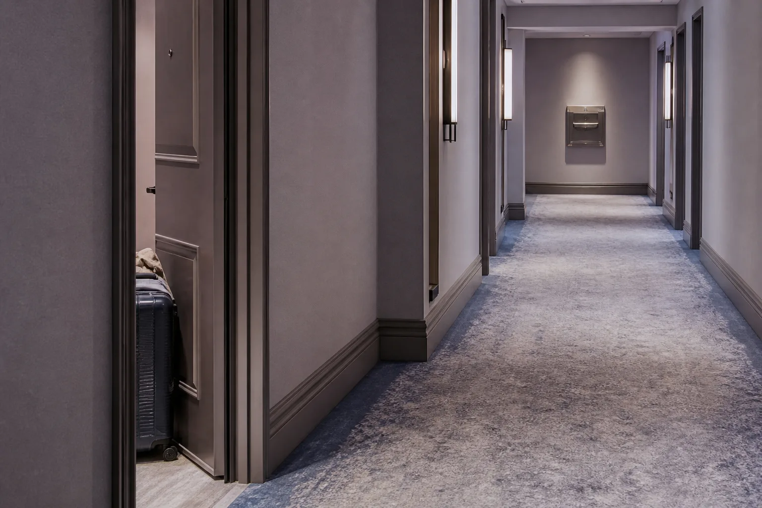 Hotel hallway at first light with a closed door ajar just enough to show a packed suitcase, soft carpet, empty corridor stretching toward a key drop box, 1400x900