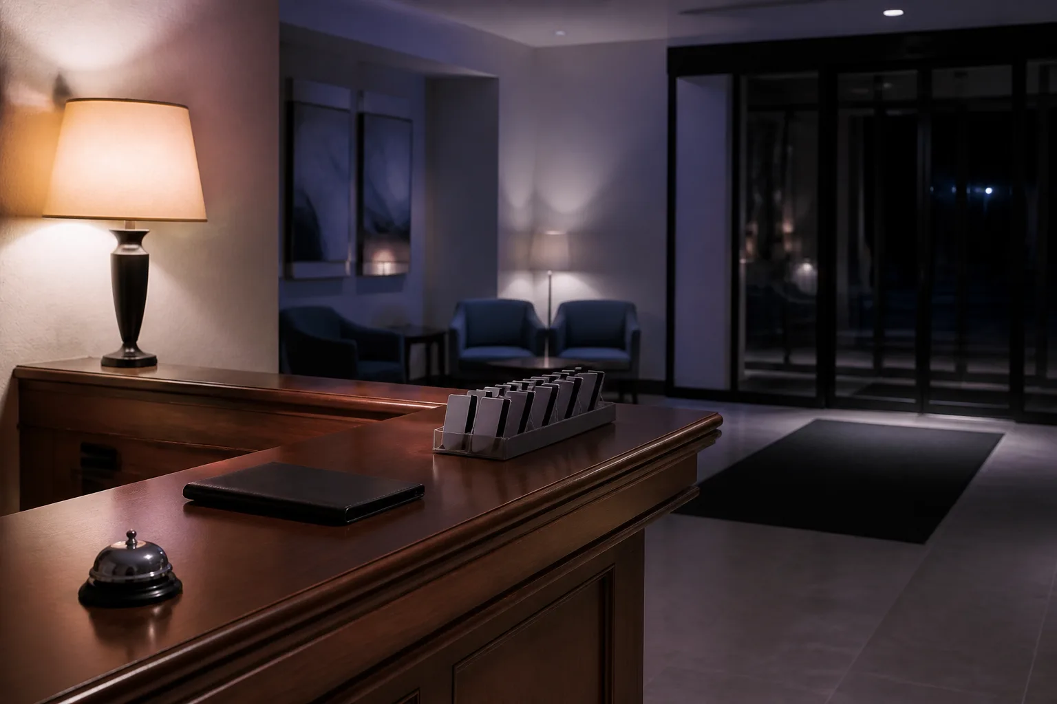 Hotel front desk after hours, a low lamp over a wooden counter, a plastic key-card tray, a closed ledger, a small night bell, empty lobby chairs in soft shadow, glass doors dark beyond the entrance mat, 1600x900