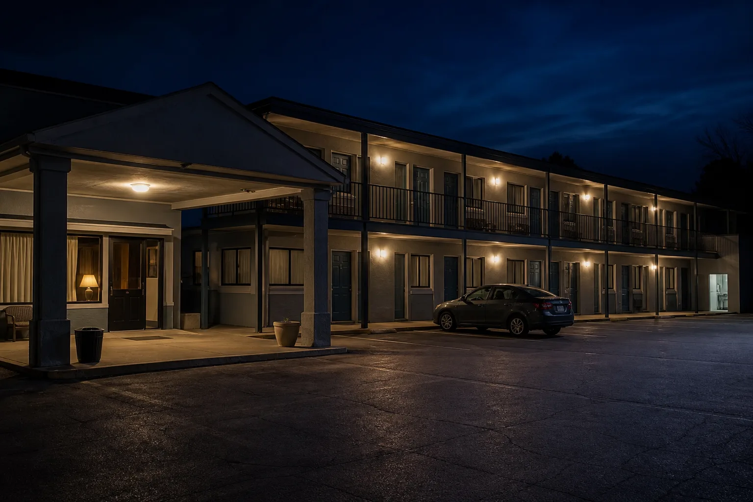 Two-story roadside motel at night, a warm office lamp under a porte-cochere, numbered doors along a concrete walk, a compact sedan parked nose-in at a ground-floor stall, empty ice-room doorway glowing at the far end, 1920x1080