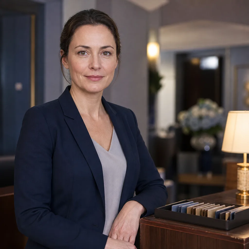 Elena Voss, a woman with dark hair in a navy jacket standing at a hotel front desk, a key-card tray and a small lamp on the wooden counter, quiet lobby in the background, 400x400