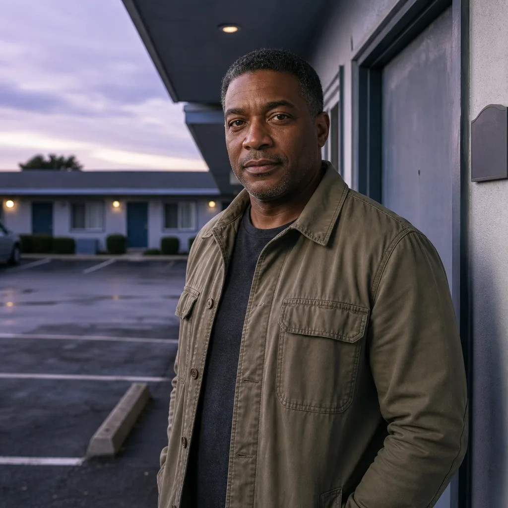 Marcus Hale, a man in a field jacket standing beside a ground-floor motel door and a nose-in parking stall, numbered room plate visible, dusk light on asphalt, 400x400