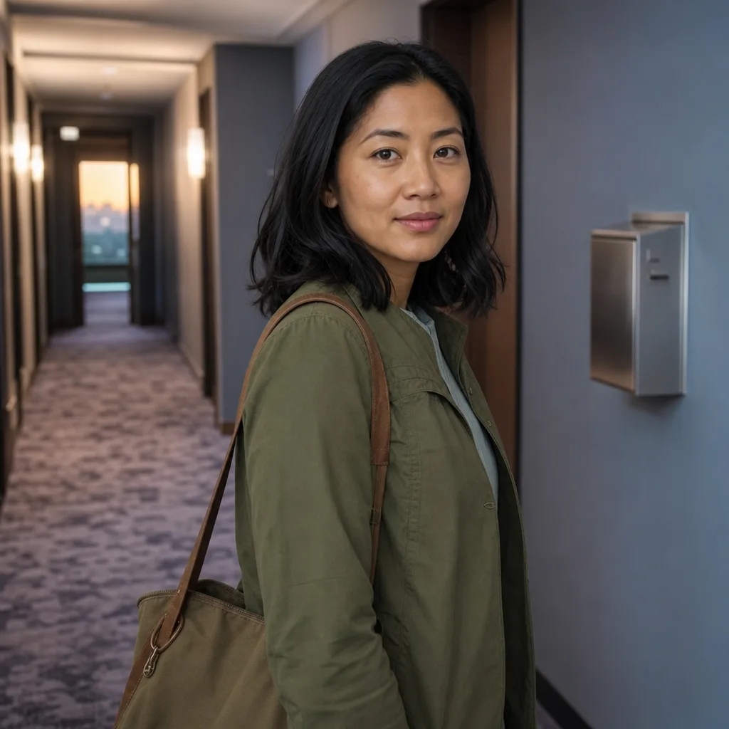 Priya Chen, a woman with a canvas shoulder bag in a hotel corridor at dawn, closed doors along a carpeted hall, a key drop box on the far wall, 400x400