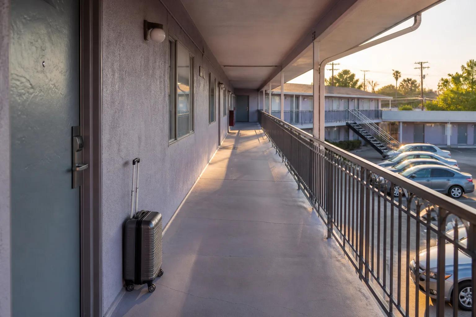 Open-air second-story motel walkway in late afternoon, metal railings, numbered doors in faded teal, a rolling suitcase parked beside a room, a staircase dropping to a row of parked cars, warm sun on concrete, 1600x900